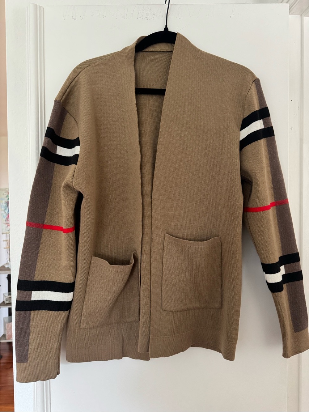 NWOT Open-Front Camel Cardigan with Striped Sleeve Detail